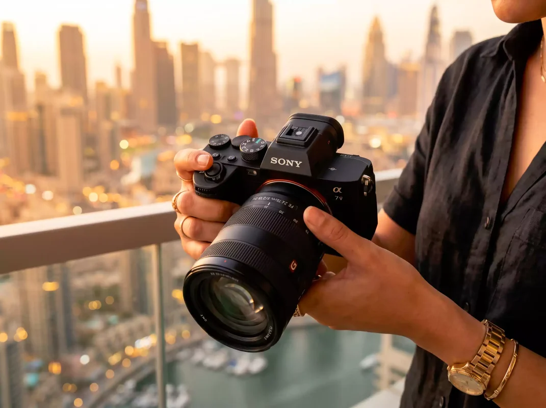 Sony cameras Dubai a7 V full-frame mirrorless held by creator golden hour UAE