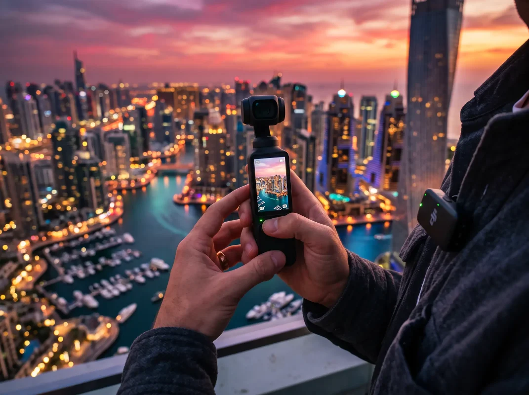 DJI Osmo Pocket 3 Creator Combo with DJI Mic 2 — vlogging Dubai Marina at dusk with genuine UAE warranty from CamCity