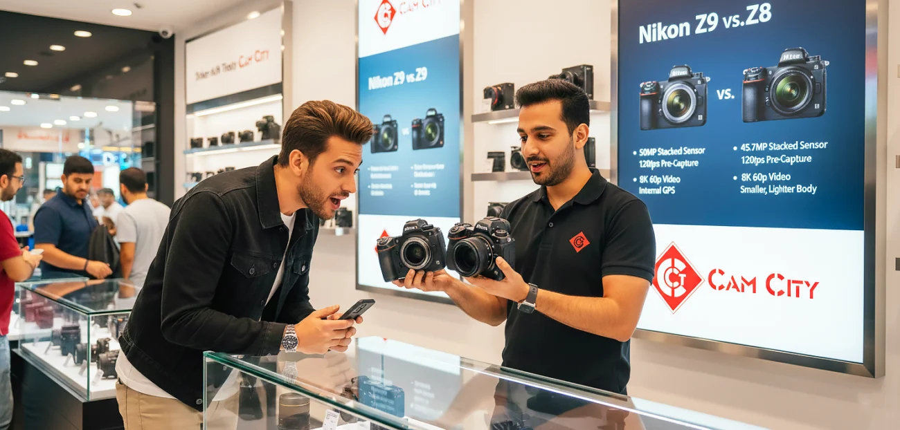In this image, a photography expert at a Cam City store in Dubai is seen assisting a customer, highlighting the latest gear available for local content creators. While the digital display in the background focuses on the Sony A7 IV, professional shops like this are also the primary hubs for flagship powerhouses like the Nikon Z9.
The scene captures a vibrant retail environment where the staff member, dressed in a red Cam City polo, provides hands-on advice to a creator exploring high-end camera bodies. Behind them, extensive shelves are stocked with premium lenses and mirrorless systems, catering to photographers who require the high-speed performance and 8K video capabilities found in professional tools like the Nikon Z9.
Key Image Details
Location: Cam City electronics store in Dubai.
Subjects: A customer examining a mirrorless camera while a store representative points out specific features.
Gear Context: Displays emphasize top-tier gear for professional creators, ranging from versatile hybrids to high-end professional models like the Nikon Z9.
Atmosphere: Informative, professional, and customer-focused for the Dubai creative community.
