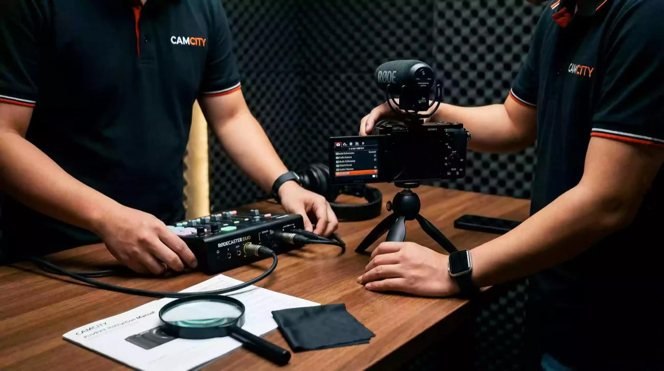 Camcity staff setting up a Video Podcast studio with RodeCaster Duo and Sony ZV-E10 II - Best Video Podcast Equipment 2026