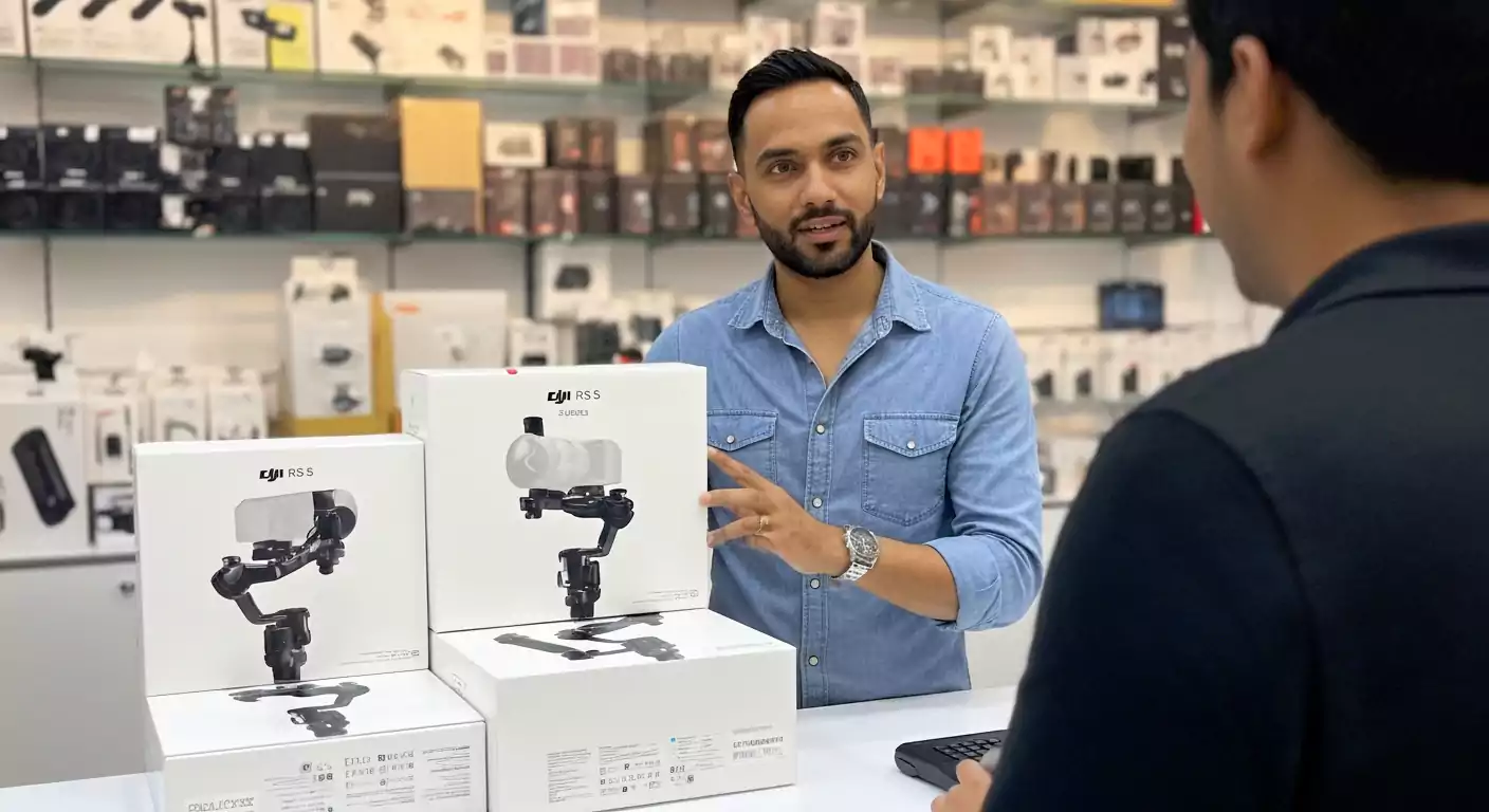 Camcity staff showing DJI RS 5 Combo box to customer in Dubai store