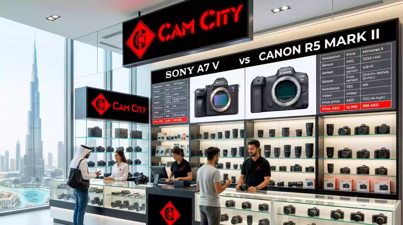 Comparison of Sony A7 V vs Canon R5 Mark II at camera shop dubai Camcity [مقارنة كاميرات]