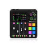 RodeCaster Duo white mixer on a desk with colorful buttons