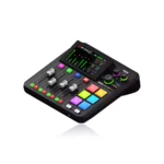 RodeCaster Duo white mixer on a desk with colorful buttons