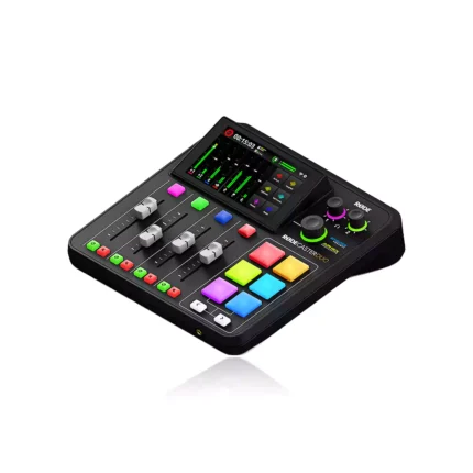 RodeCaster Duo white mixer on a desk with colorful buttons