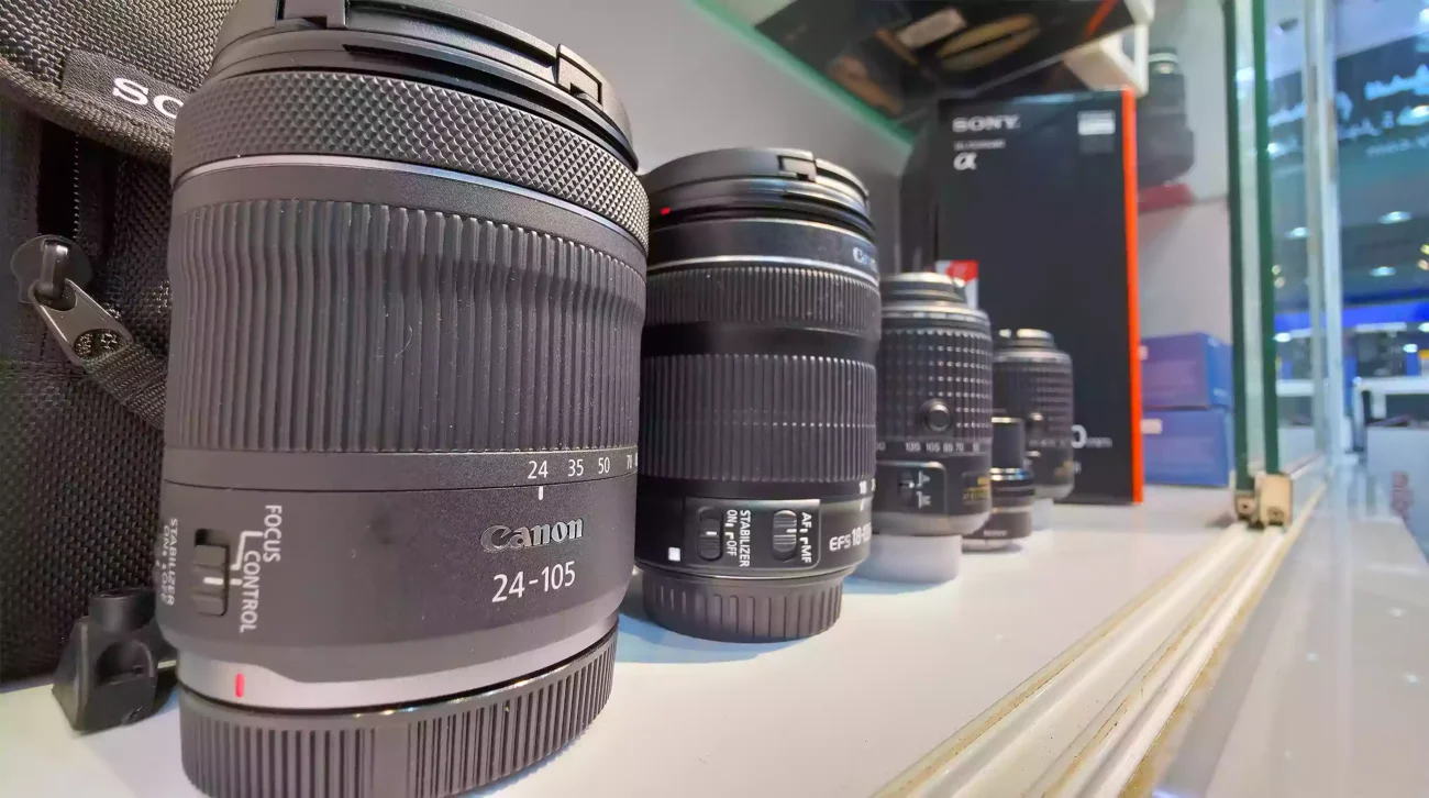 Various camera lenses on display