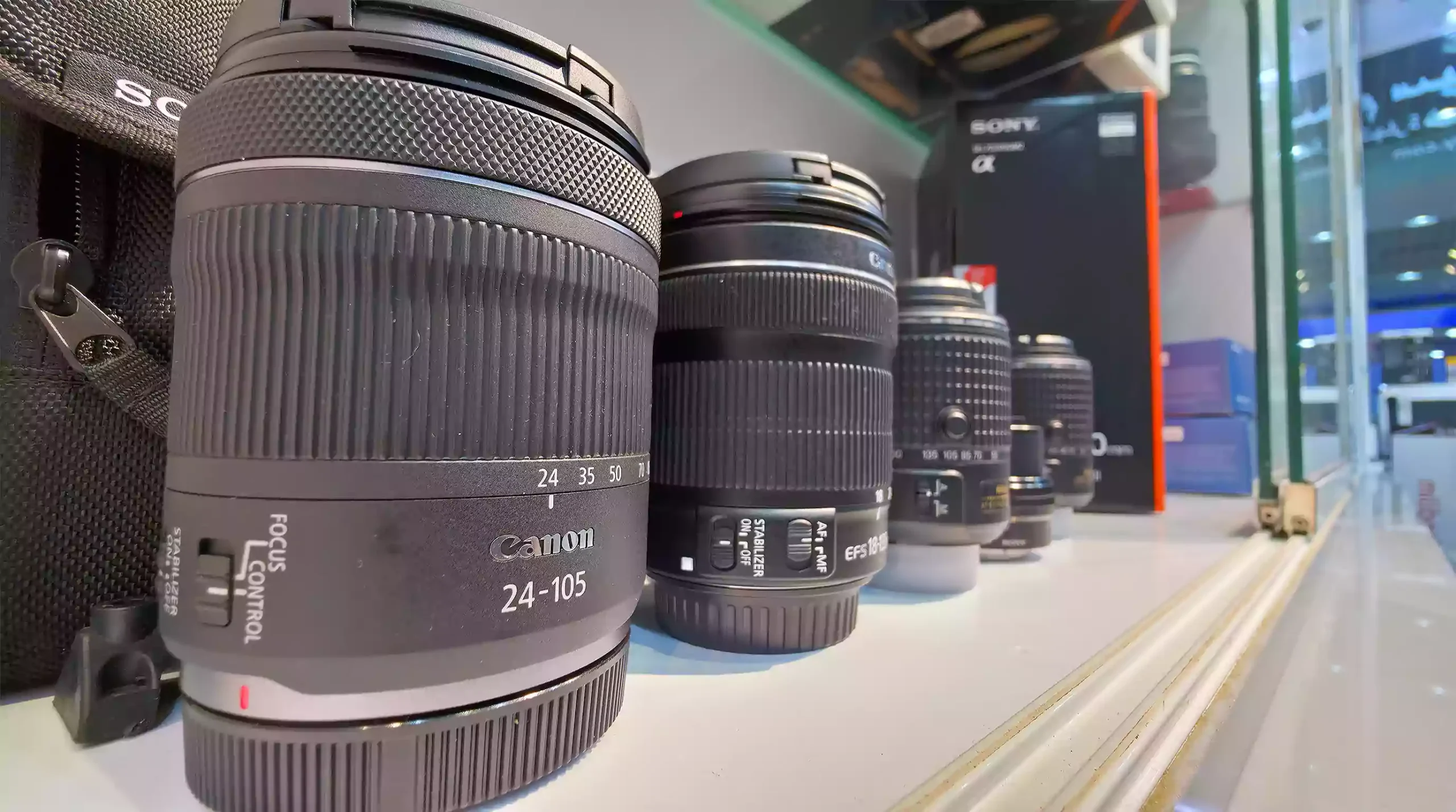 Various camera lenses on display