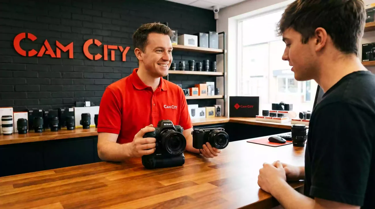 Expert at a camera store in Dubai [محل كاميرات في دبي] explaining crop sensor vs full frame to a creator.