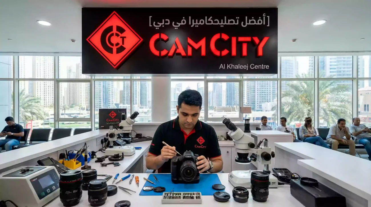 Fast camera repair in Dubai [تصليح كاميرات سريع في دبي] being performed on professional gear at CamCity Al Khaleej Centre.