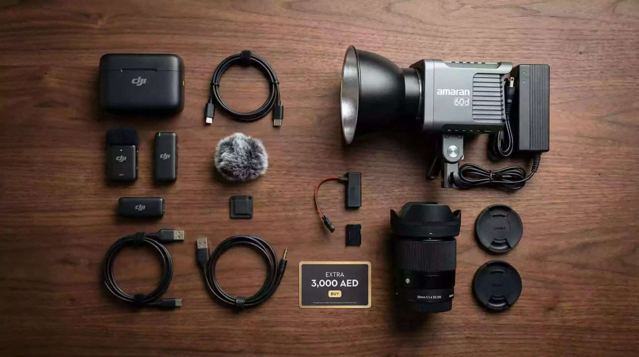 Professional creator kit with lighting and audio gear bought from a camera store near me [محل كاميرات قريب مني].