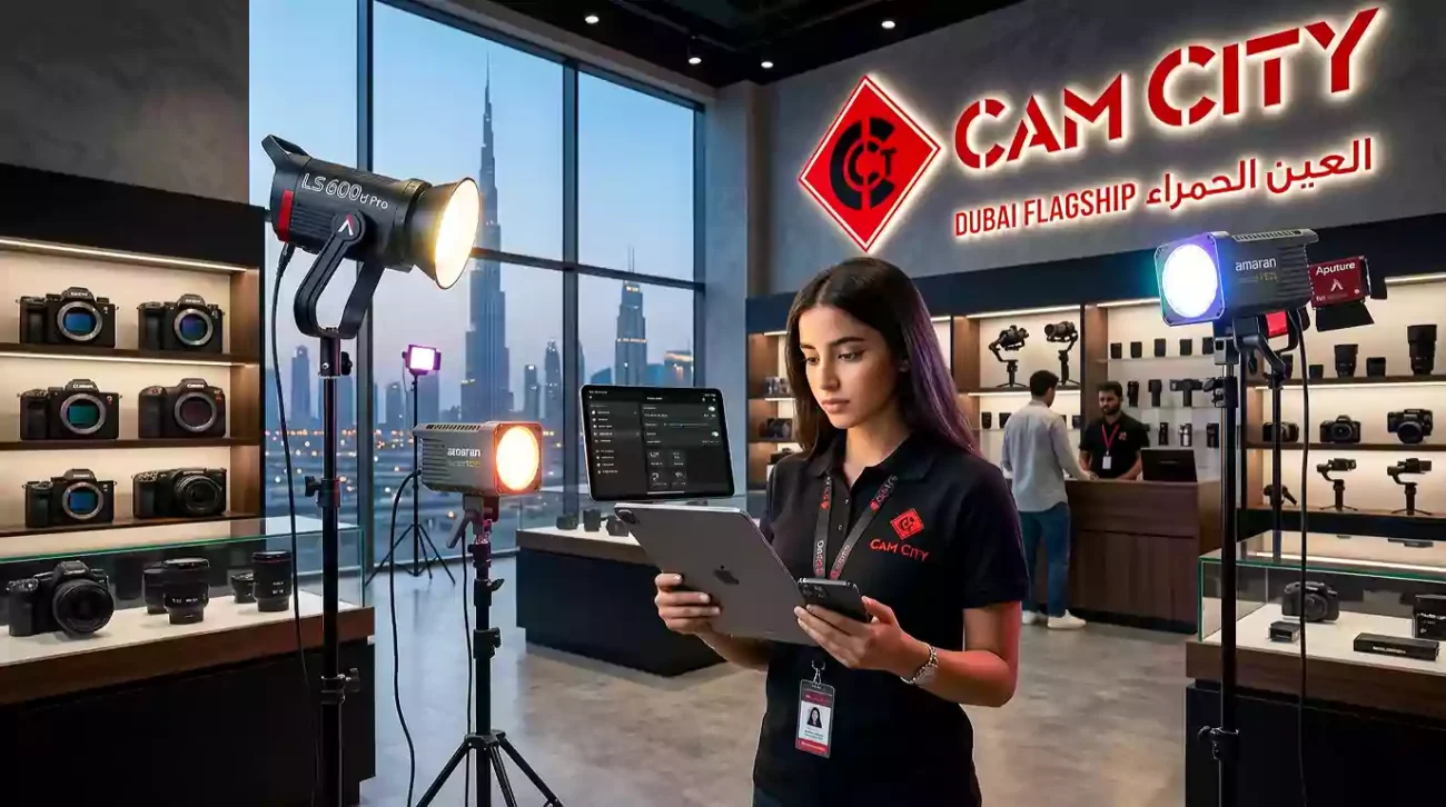A creator using the Sidus Link app for lighting at our camera store dubai.