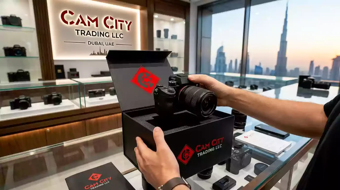 Brand new mirrorless camera being unboxed at cam city trading llc in Dubai.
