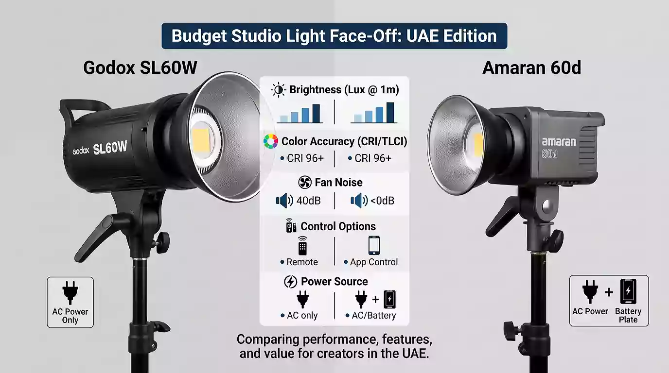 Comparing the Godox SL60W and Amaran 60d to find the best budget studio light UAE