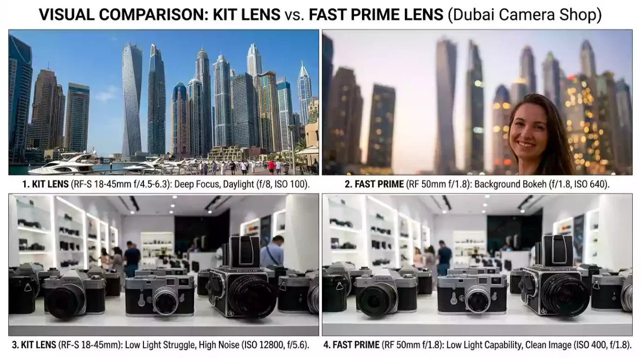 Comparison of a kit lens versus a fast prime lens available at our camera shop dubai.