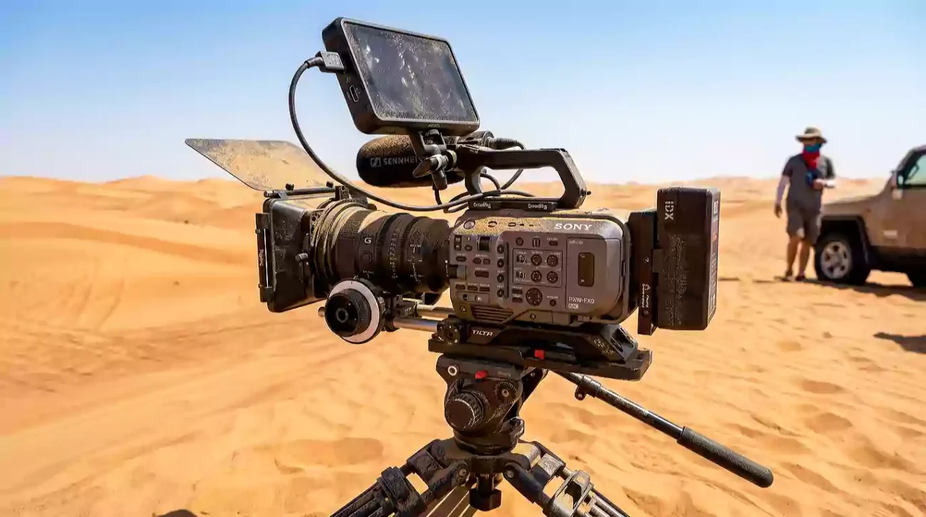High-end video camera setup exposed to harsh sand and heat in the UAE