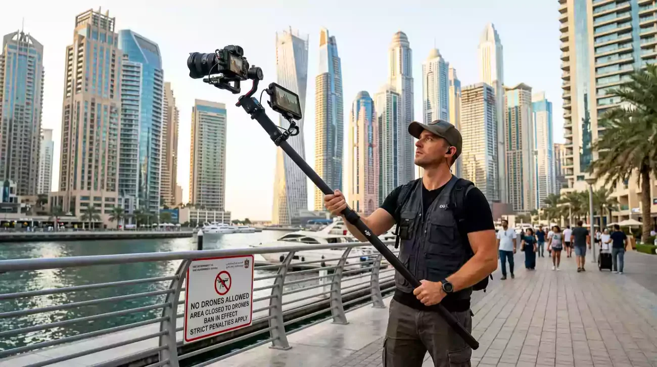 Professional videographer using a DJI RS 5 on an extension pole during the UAE drone ban