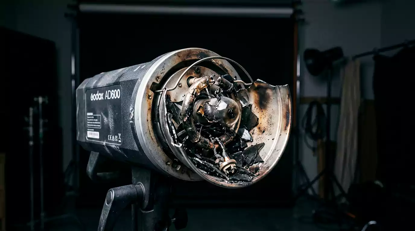 Burnt flash tube requiring Studio strobe repair Dubai.