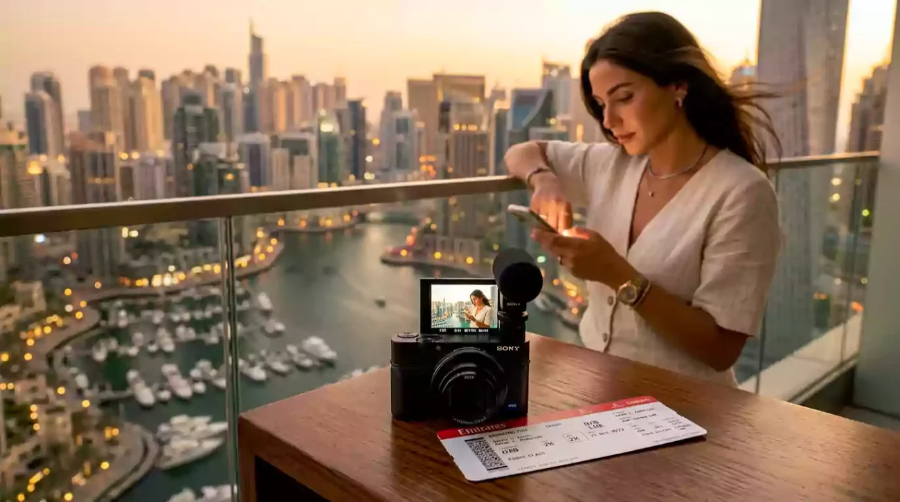 Sony RX100 VII travel camera Dubai [شراء سوني RX100 VII في دبي] for luxury vlogging from a Dubai Marina balcony.