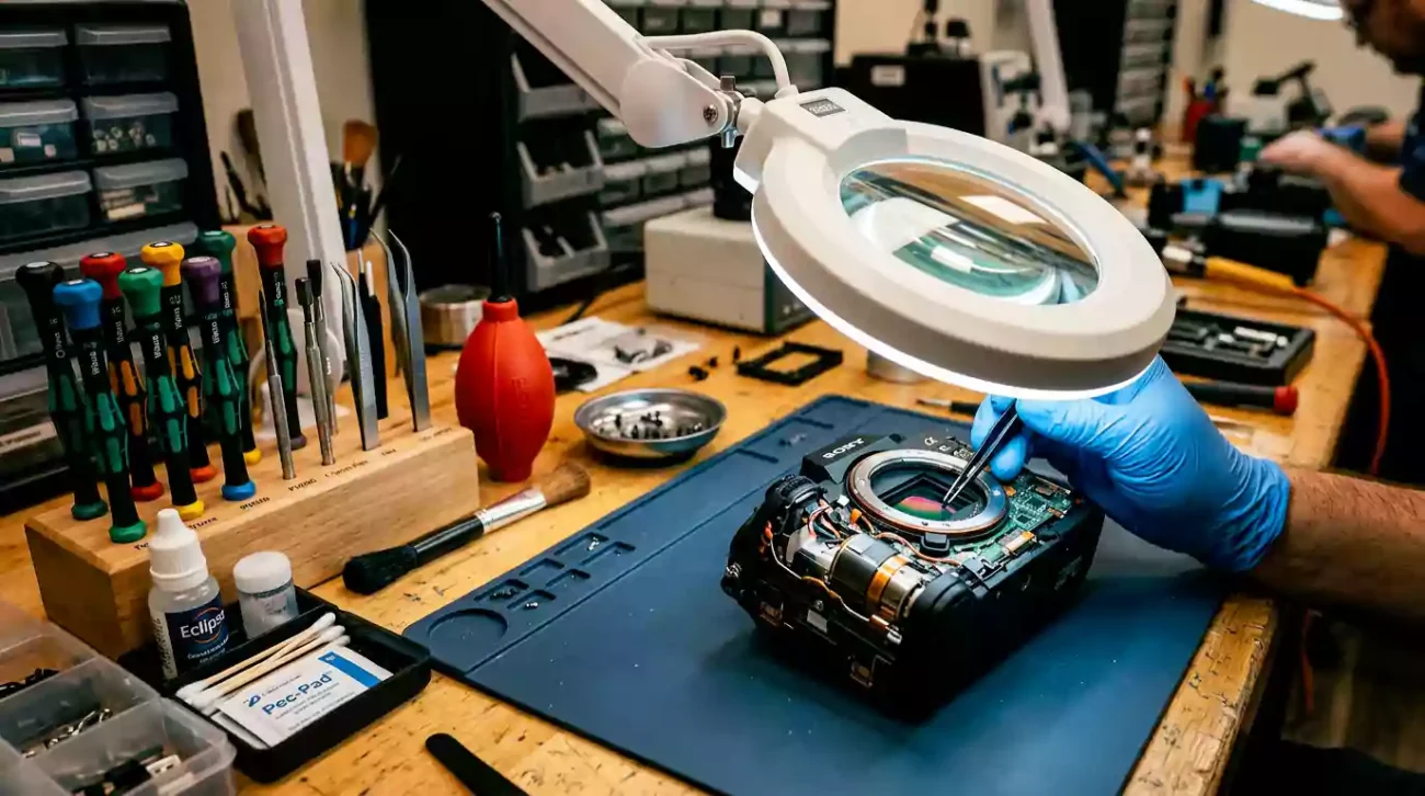 A technician performing expert Camera repair service Dubai [خدمة إصلاح الكاميرات في دبي].