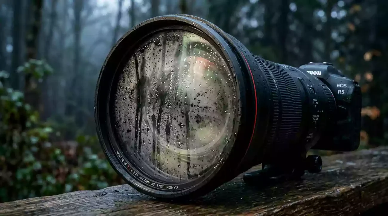 Fog and moisture inside a professional camera lens.