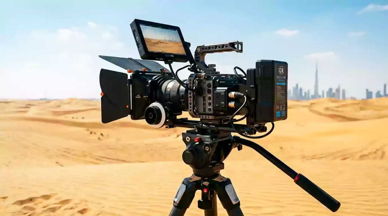 A professional video rig showing how to prevent camera overheating Dubai [كيفية منع ارتفاع حرارة الكاميرا في دبي].