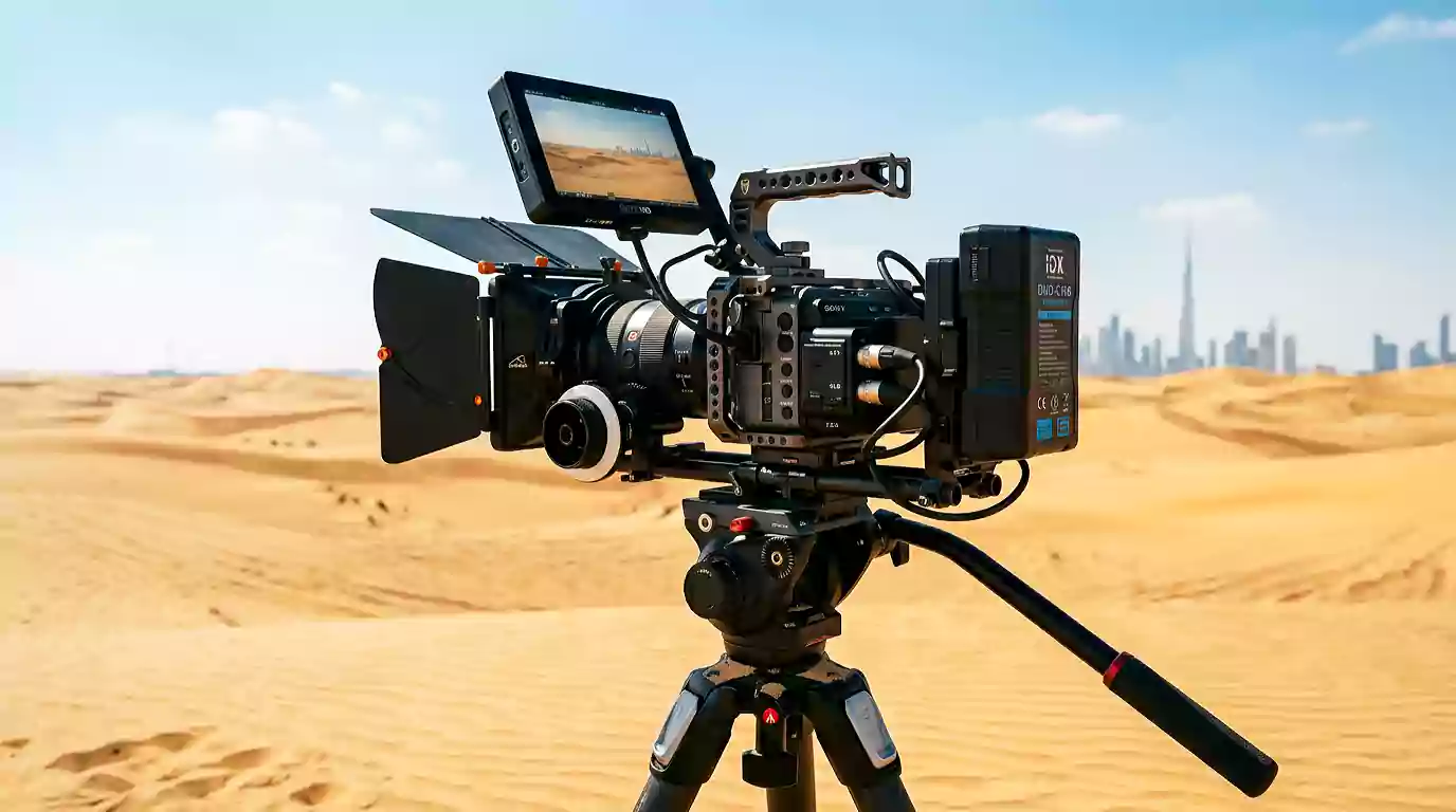 A professional video rig showing how to prevent camera overheating Dubai [كيفية منع ارتفاع حرارة الكاميرا في دبي].