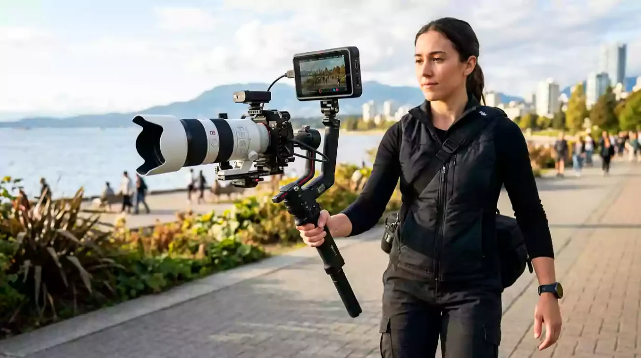 Lightweight telephoto lens perfectly balanced on a gimbal.