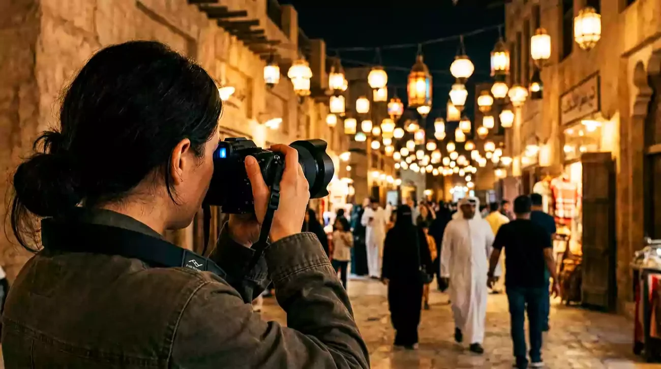 A creator mastering Night street photography Dubai [تصوير الشوارع ليلا في دبي] at Al Seef.