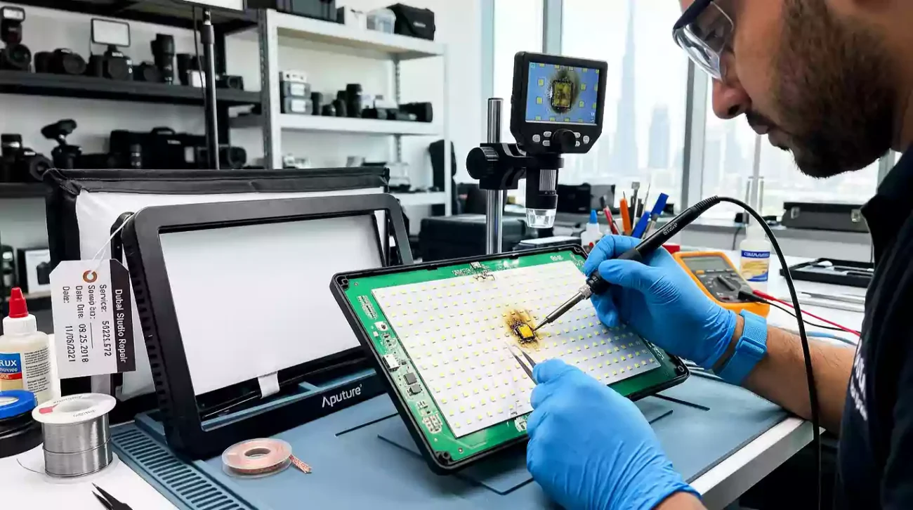 Burnt yellow LED chip on an overheating Aputure video light requiring professional Studio lighting repair Dubai [إصلاح إضاءة الاستوديو في دبي].