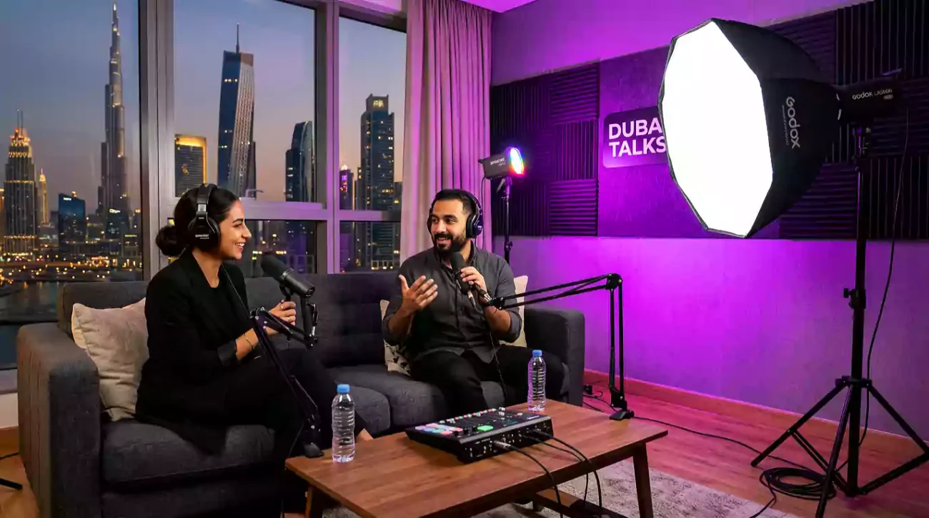 Using Godox and Amaran for the best continuous lighting for podcast Dubai.