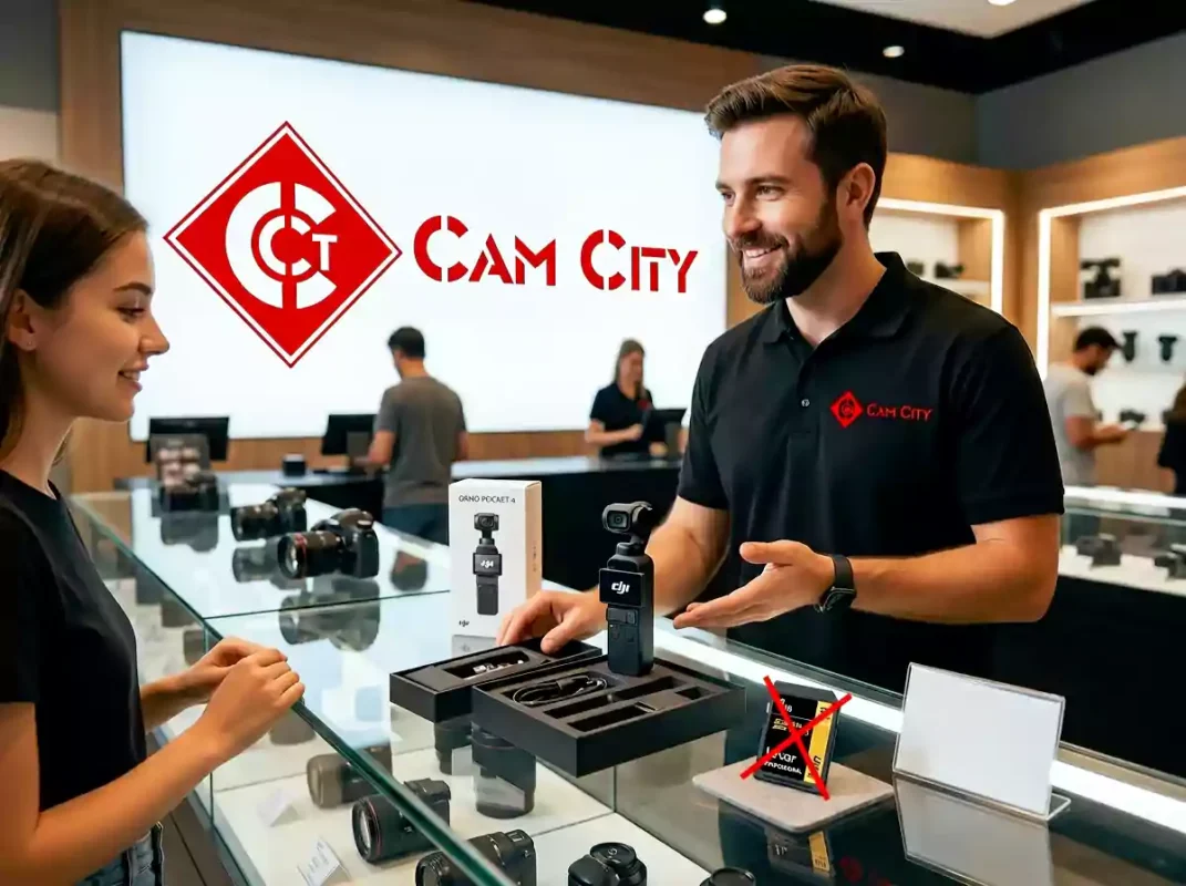 A CamCity expert explaining the DJI Osmo Pocket 4 built-in storage Dubai savings to a customer.