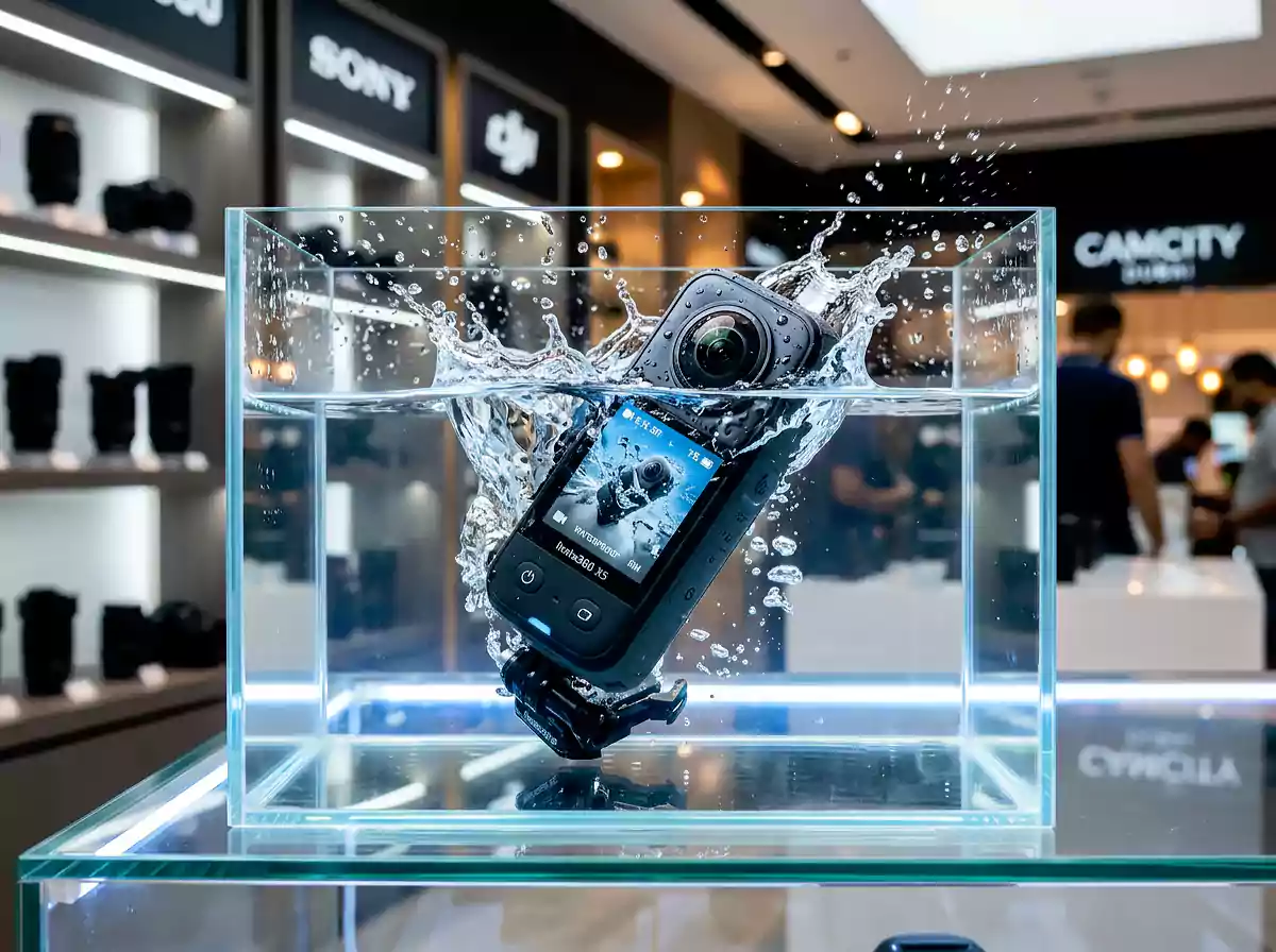 The genuine Insta360 X5 Dubai essential bundle being tested for underwater capabilities at the CamCity showroom.