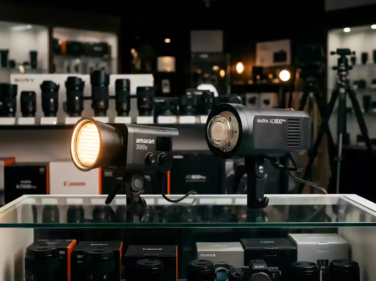Genuine Amaran 300c and Godox AD600 Pro representing the best professional studio lighting Dubai has to offer at the CamCity showroom.