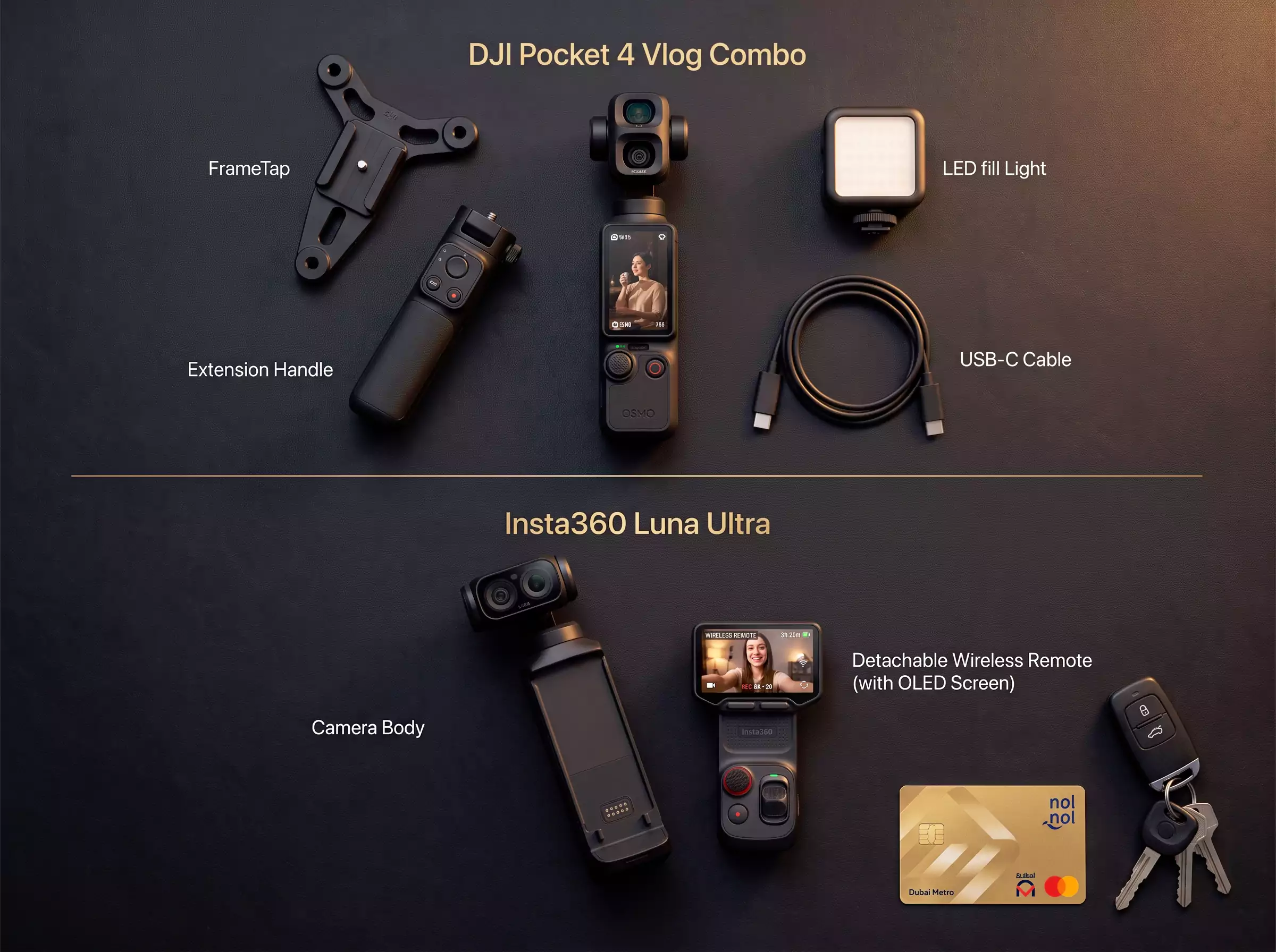 DJI Osmo Pocket 4P Vlog Combo vs Insta360 Luna Ultra Creator Bundle contents UAE